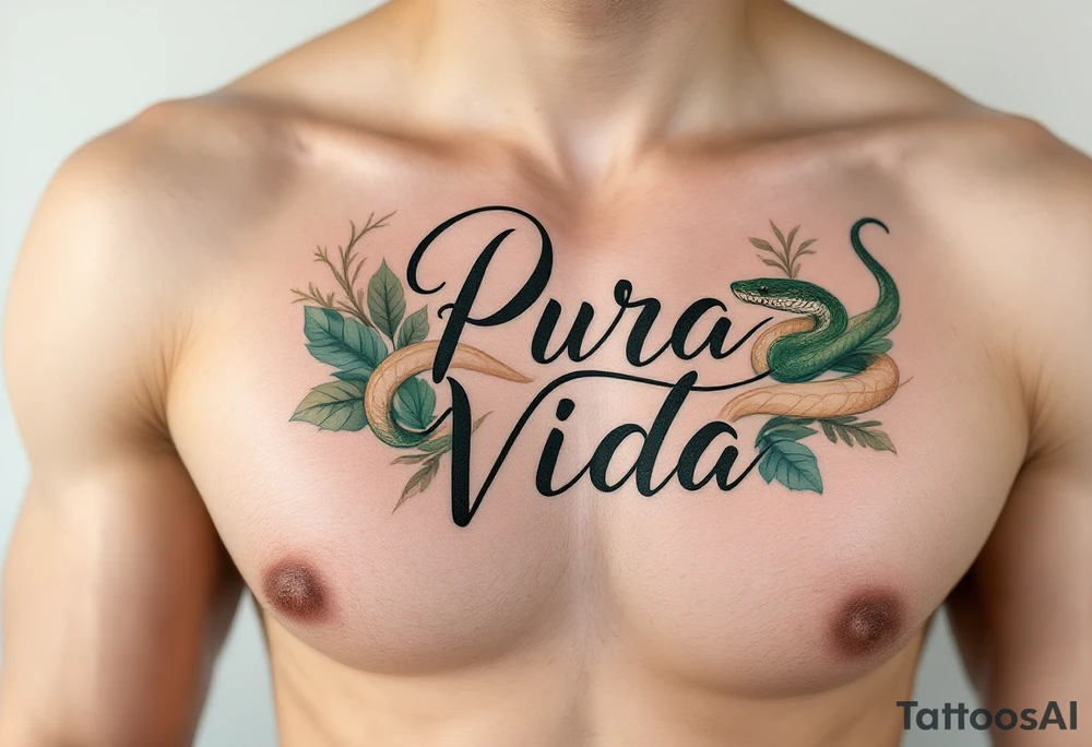 Flowy script “Pura Vida” entwined with a snake in muted forest green and desert sand hues. tattoo idea