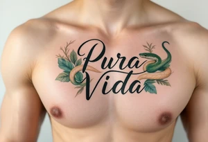 Flowy script “Pura Vida” entwined with a snake in muted forest green and desert sand hues. tattoo idea