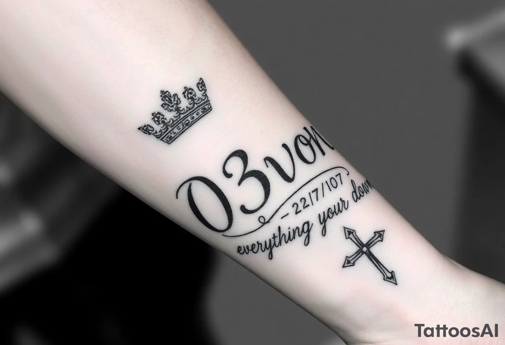 Name D3von with a crown and rose and cross and 03/27/07 with everything going down tattoo idea