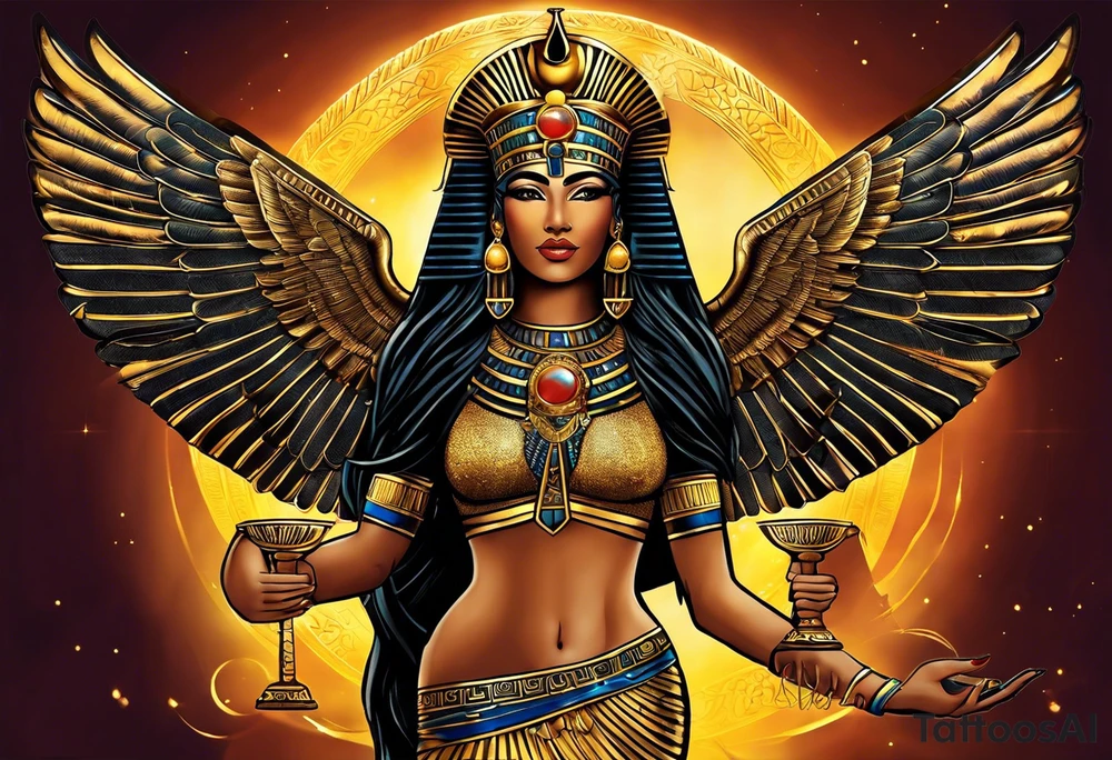 Egyptian goddess Isis, who is often depicted as a woman with outstretched wings, holding an ankh (a symbol of life) in one hand and a lotus flower in the other. Her headdress often includes a throne or a solar disk. The tattoo design can vary in style and size, but it typically aims to capture the essence of this revered Egyptian deity, emphasizing her beauty, power, and maternal qualities. The choice of colors and additional elements can also be customized to create a unique and visually striking representation of the goddess Isis in black and white tattoo idea