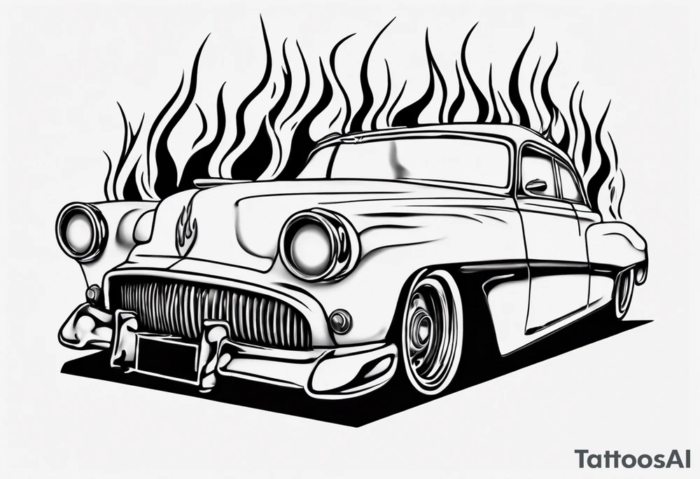 vintage classic car with flames coming out of the bonnet and a head at the top of the flames tattoo idea