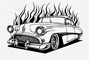 vintage classic car with flames coming out of the bonnet and a head at the top of the flames tattoo idea