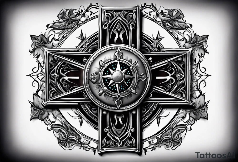 Black cross with compass in the middle with chain wrapped around it tattoo idea