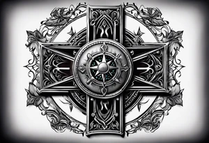 Black cross with compass in the middle with chain wrapped around it tattoo idea