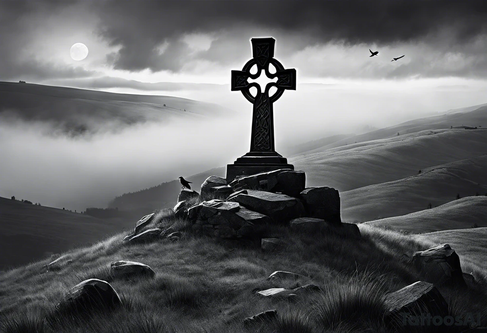 A stone Celtic cross solemnly standing atop a hill, a raven perches atop the cross staring out over the desolation. A ruined stone wall lies crumbling near the cross. Mist rolls along the hilltops adding to the melancholic nature of the scene tattoo idea