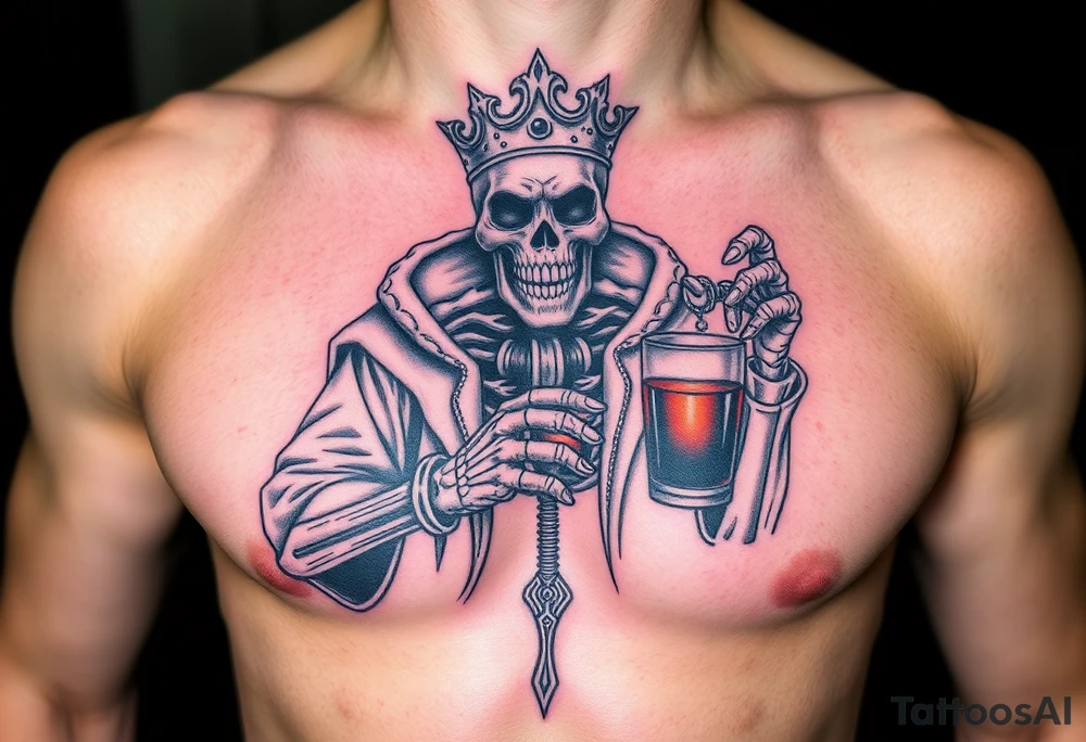 evil skeleton king in clothes having a good time getting drunk tattoo idea