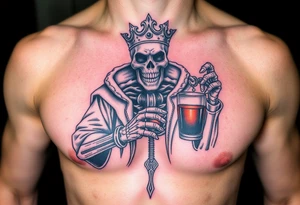 evil skeleton king in clothes having a good time getting drunk tattoo idea