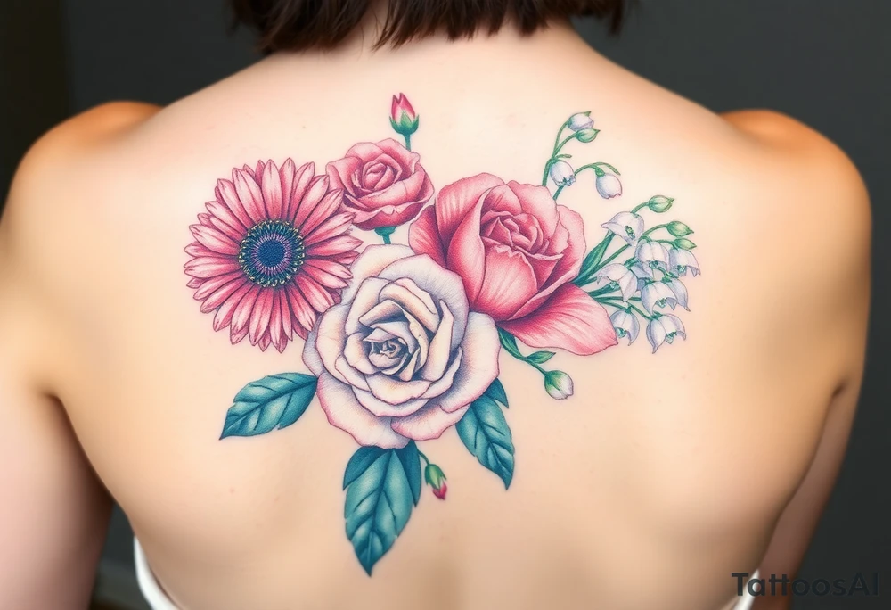 Bouquet of flowers with a aster, carnation, rose, Lily of the valley, delphinium with stems Starting upper middle back to right shoulder tattoo idea