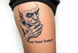 pathetic ugly man with small penis masturbating with caption “loser hand humper” tattoo idea