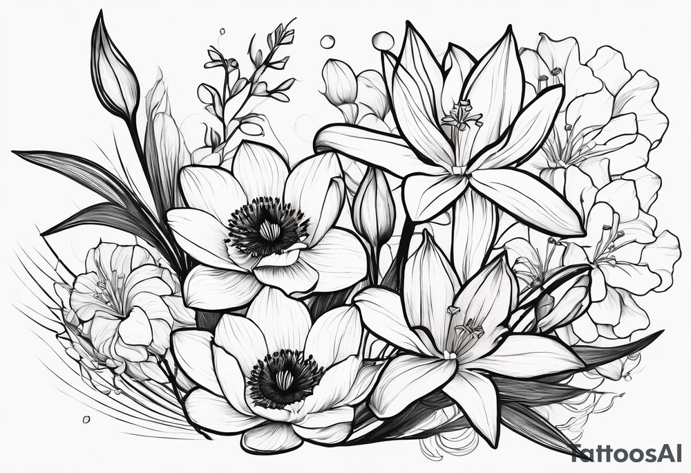 A minimalist line work bouquet of flowers with a water lily, gladiolus, poppy, lily of the valley, daffodil, and a honey suckle. With long stems and tied with a bow tattoo idea