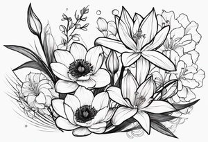 A minimalist line work bouquet of flowers with a water lily, gladiolus, poppy, lily of the valley, daffodil, and a honey suckle. With long stems and tied with a bow tattoo idea