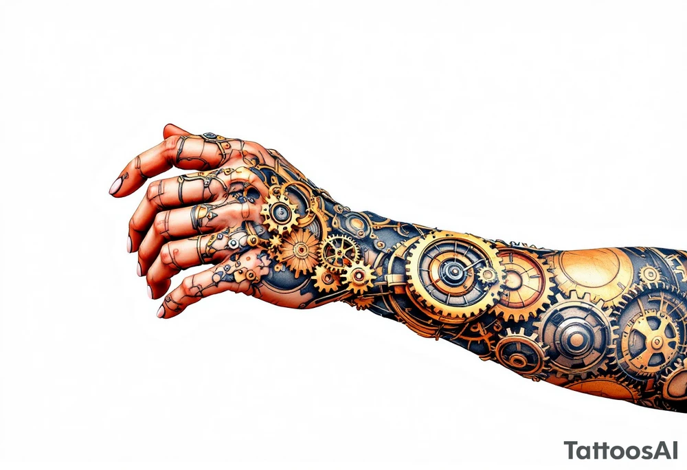 A steampunk-inspired hand tattoo in bronze, copper, and rust tones with exposed gears and clockwork intricacies. tattoo idea