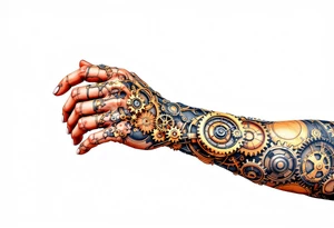 A steampunk-inspired hand tattoo in bronze, copper, and rust tones with exposed gears and clockwork intricacies. tattoo idea