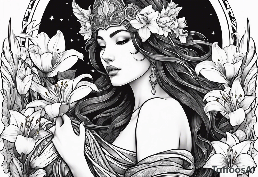 a side view of the goddess lilith holding a serpent surrounded by lilies tattoo idea