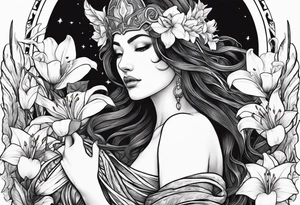 a side view of the goddess lilith holding a serpent surrounded by lilies tattoo idea