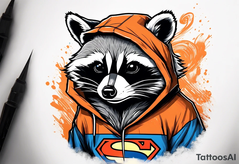 Raccoon wearing an orange Superman hoodie tattoo idea