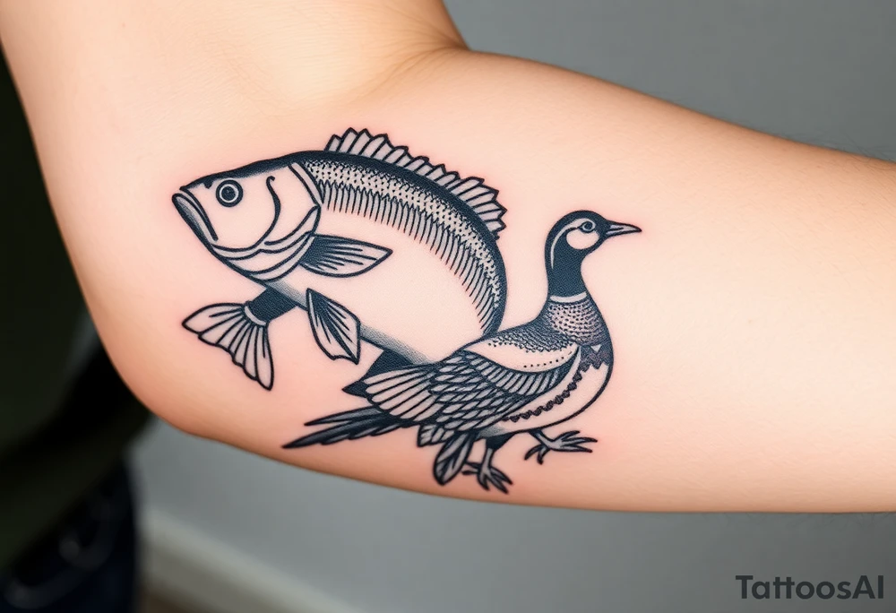 Hunting and fishing with bass, muskelunge, pheasant, duck tattoo idea