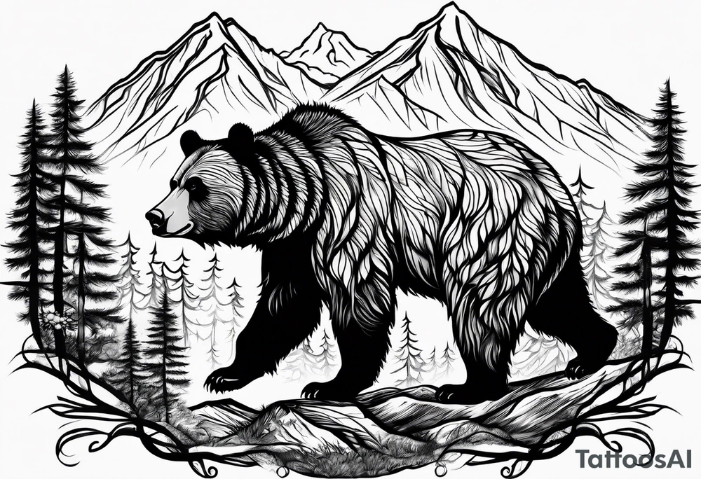 grizzly bear mountain forest tattoo idea