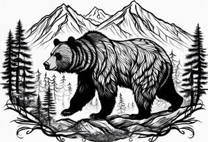 grizzly bear mountain forest tattoo idea