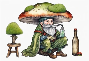 a mushroom with a mossy beard wearing medieval clothes sitting on a stool drinking from a bottle tattoo idea