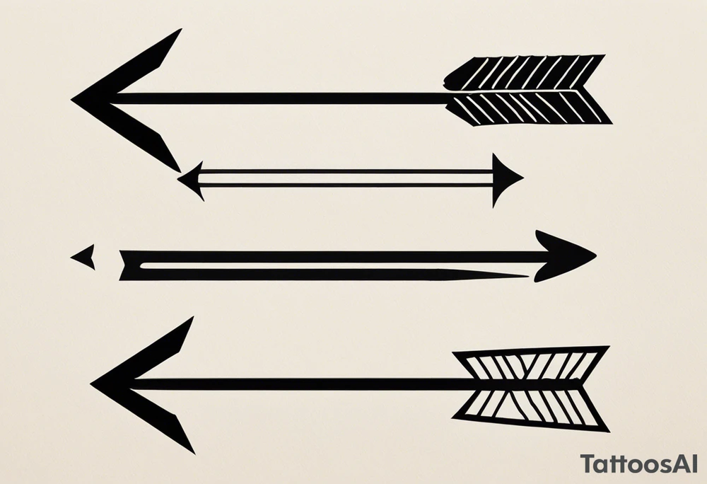 three minimalistic parallel medieval arrows.
two arrows broken. arrows need to have a flight at one end and a head at the other

arrows represent my auntie who died at 62, myself, and my son who died at 6 months old tattoo idea