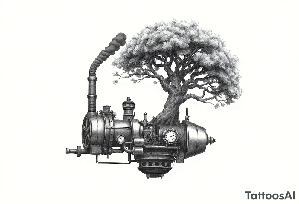 tree growing out of a v shaped engine with lots of pipes, guages and steam around the engine 
 with a smoke stack coming out of the top 
 billowing black smoke as if the tree and engine were a flying machine flying through the air 
 with an extreme steam punk vibe alot more steam punk 
it should look somewhat like a hot air baloon where the tree is the balloon and the machine is the basket but they are together as one unit, and the sky should have clouds in the back ground as if it were chugging along flying through the sky and needs to look extremely steam punk
the smoke stack should be coming out of the tree and the smoke should be trailing behind the machine 
the tree is the actual smoke stack for the machine 
the smoke stack should be a branch pointing up and out with smoke billowing out of it tattoo idea