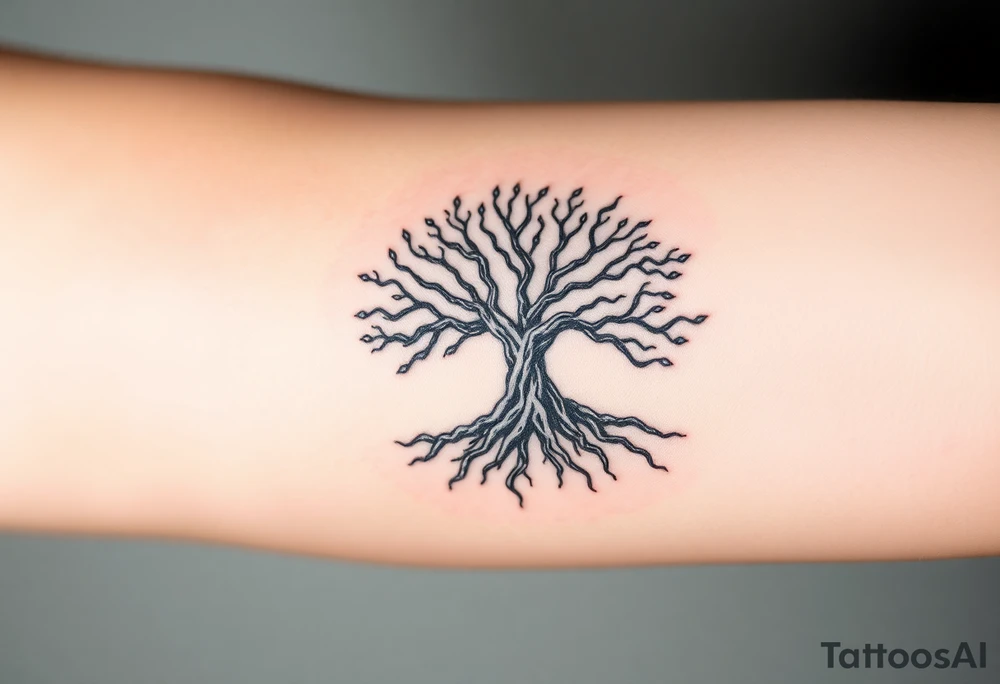 mystical tree of life with cosmic roots and celestial branches tattoo idea