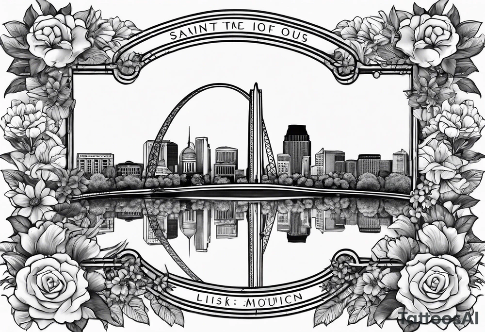 saint louis missouri city skyline over a banner surrounded by flowers with the arch tattoo idea