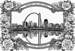saint louis missouri city skyline over a banner surrounded by flowers with the arch tattoo idea