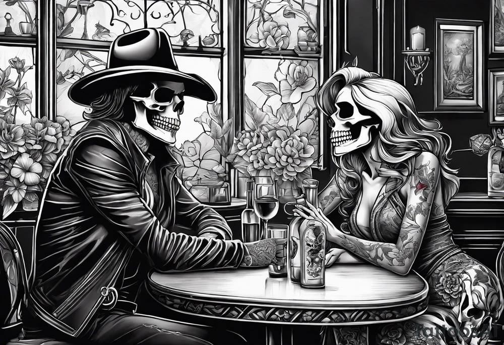 a bar scene with a skeleton couple with bibiscus flowers. western style tattoo idea