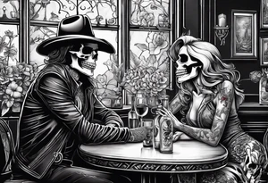 a bar scene with a skeleton couple with bibiscus flowers. western style tattoo idea