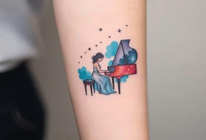 woman playing piano under the stars tattoo idea