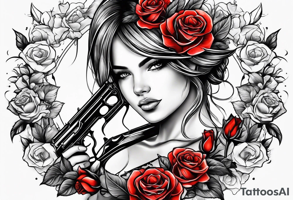Beautiful woman angle holding a AK 47 surrounded by roses tattoo idea