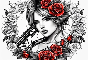 Beautiful woman angle holding a AK 47 surrounded by roses tattoo idea