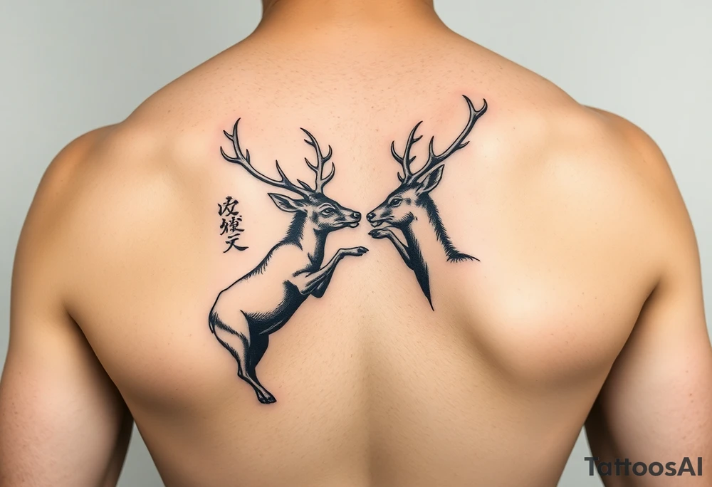 Photo realistic Vertical aligned nature scene with two deer fighting. 

This ai sucks tattoo idea