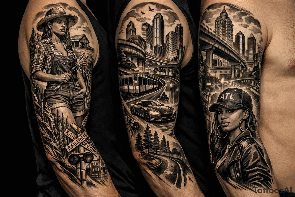 Black Country Mas presenting Girl from farmlands of North Florida to Black Mas presenting City girl of Metro Atlanta on a leg sleeve tattoo idea