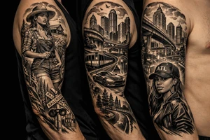 Black Country Mas presenting Girl from farmlands of North Florida to Black Mas presenting City girl of Metro Atlanta on a leg sleeve tattoo idea