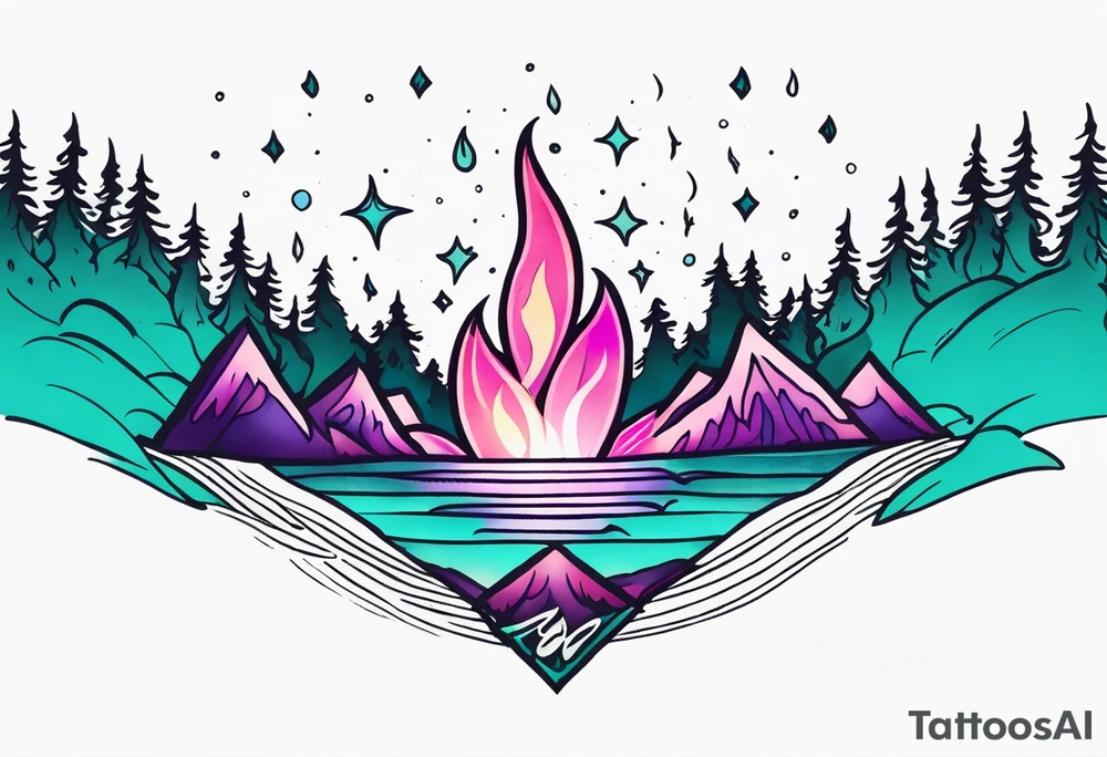 Pink purple teal Bonfire flames turning into northern lights tattoo idea