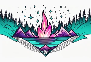 Pink purple teal Bonfire flames turning into northern lights tattoo idea