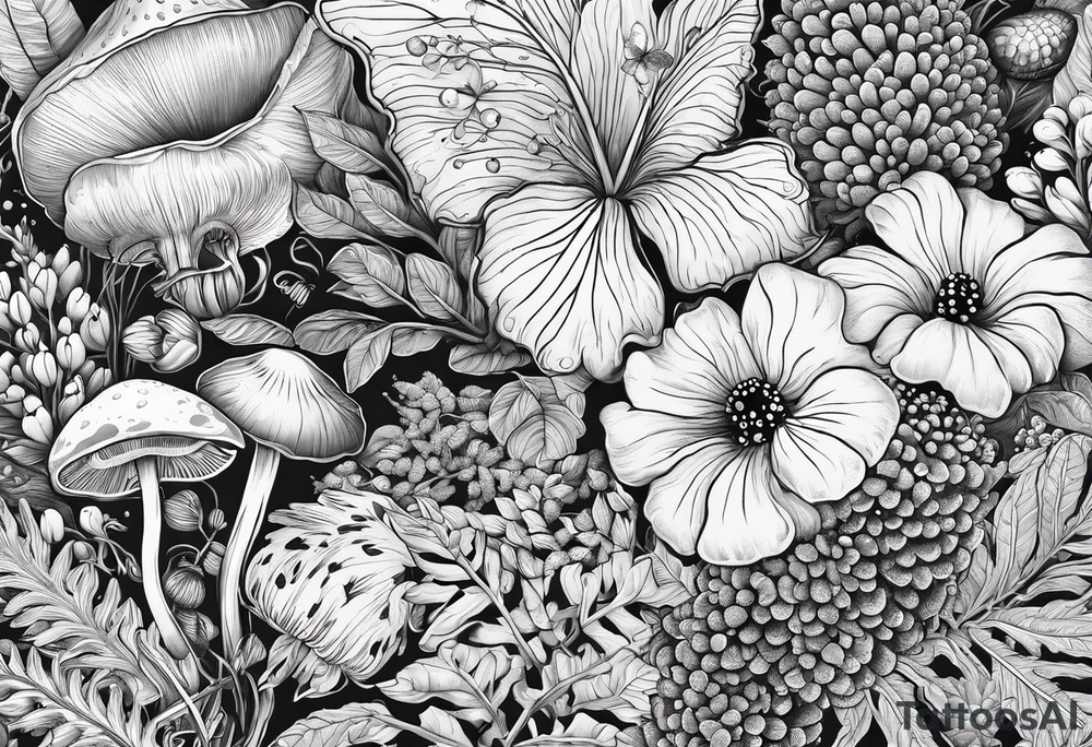 Botanical, wildlife, mushroom, bumble bee, moth, fern, berries tattoo idea