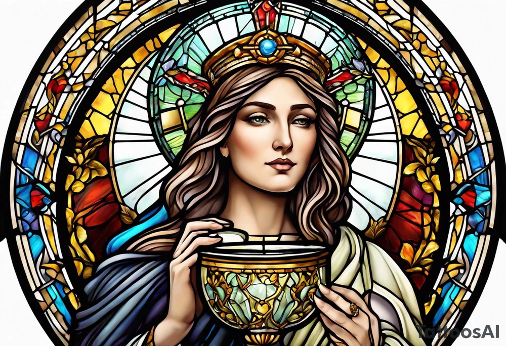 holy saint woman with halo stained glass holding a chalice with artillery tattoo idea
