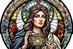 holy saint woman with halo stained glass holding a chalice with artillery tattoo idea