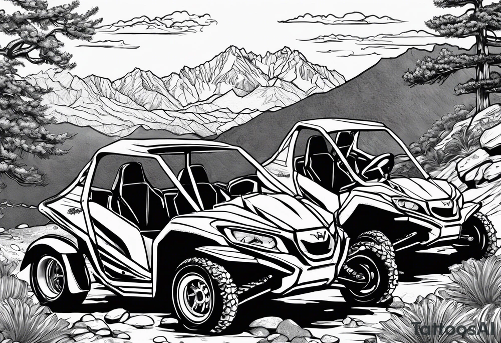Wasatch Mountain scape with a Honda ATC three wheeler and four turtles watching from the path tattoo idea