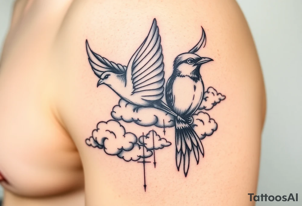 Dove and a blue jay, clouds, shining light to or from heaven tattoo idea