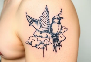 Dove and a blue jay, clouds, shining light to or from heaven tattoo idea