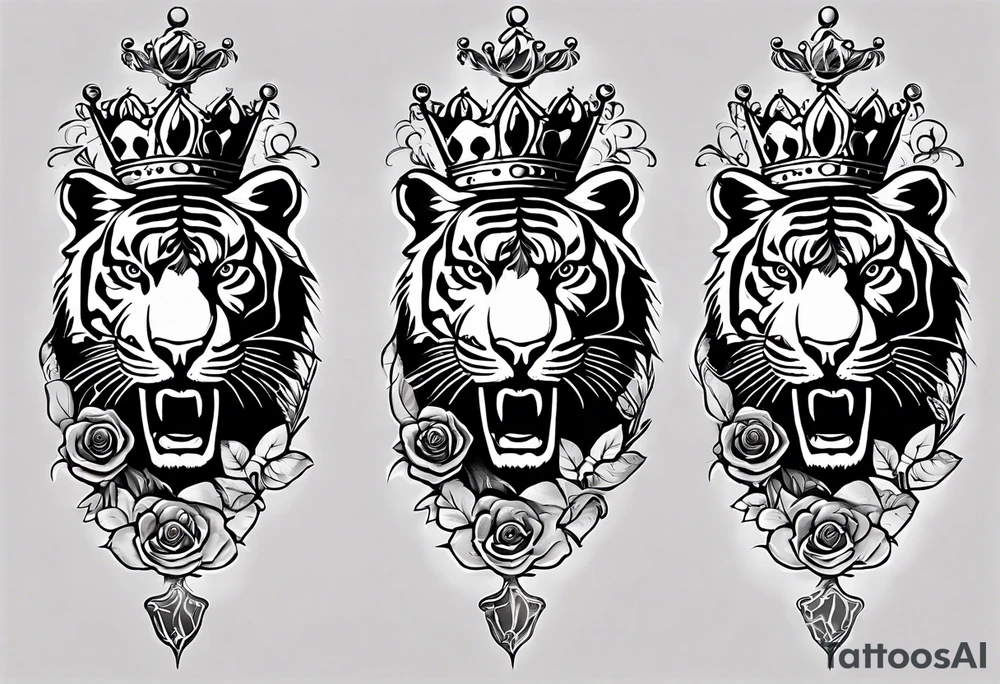 A full sleeve tiger with a crown and third eye with a hour glass instead the hour glass brain cover in in clouds and a heart cover in grass and roots with roses and smoke all over the arm tattoo idea
