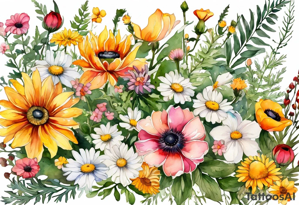 simple wildflowers cascading with thistles, ferns, white anemones, sun flowers, yellow flowers, red flowers, pink flowers, green flowers, buttercups, orange flowers, babys breath and daisies all in watercolor tattoo idea