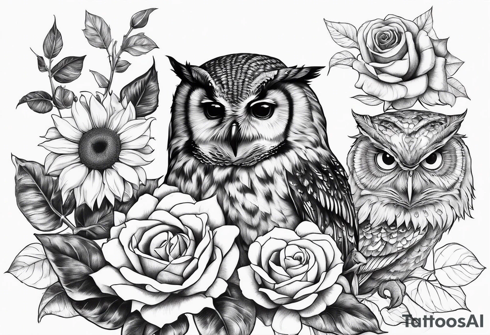 Sunflower and rose flower, owl tattoo idea
