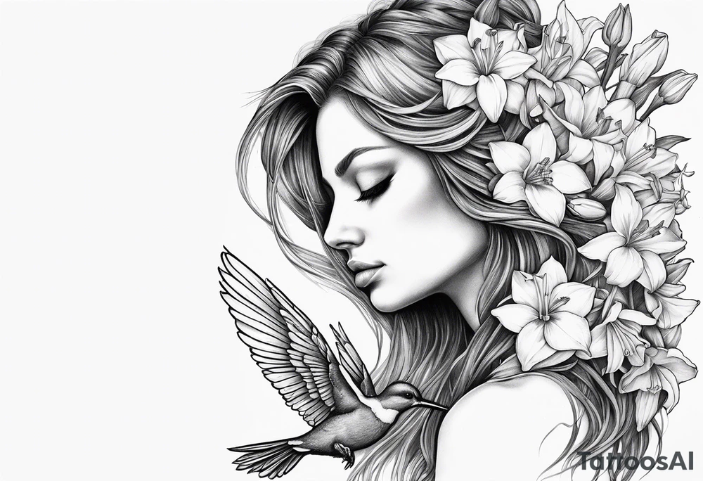 fallen angel with head down and face covered by her hair with sagging broken wings surrounded by lily, daffodil, rose, daisy, narcissus holding a hummingbird tattoo idea