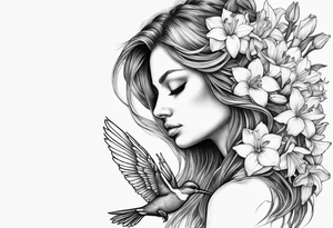 fallen angel with head down and face covered by her hair with sagging broken wings surrounded by lily, daffodil, rose, daisy, narcissus holding a hummingbird tattoo idea